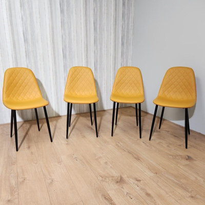 Modern Round Dining Table Set With 4 Mustard Faux Leather Chairs Dining ...