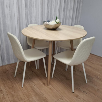Modern Round Dining Table With 4 Cream Faux Leather Chairs Kitchen ...