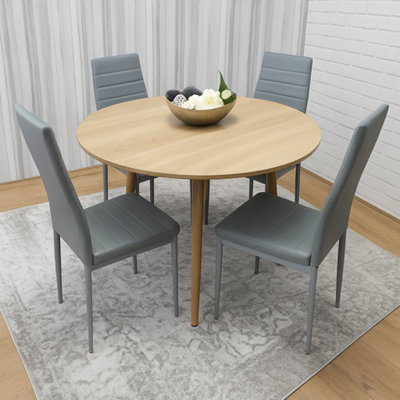Modern Round Dining Table With 4 Grey Faux Leather Chairs Kitchen ...
