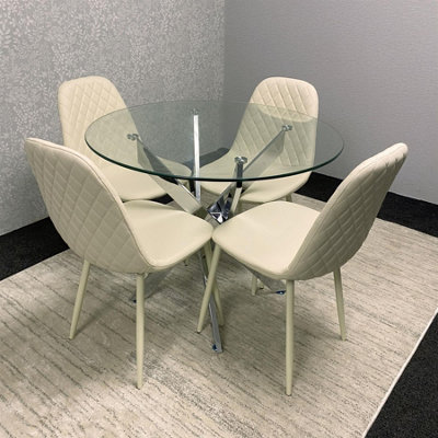 Modern Round Glass Dining Table Set With 4 Cream Gem Pattern Chairs ...