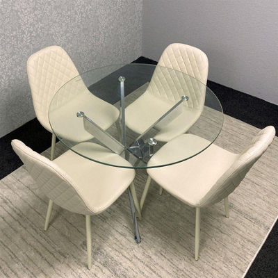 Modern Round Glass Dining Table Set With 4 Cream Gem Pattern Chairs ...