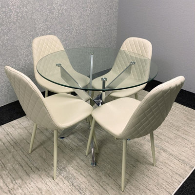 Modern Round Glass Dining Table Set With 4 Cream Gem Pattern Chairs ...