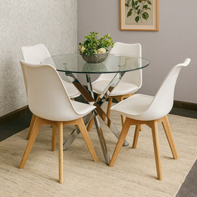 Modern Round Glass Dining Table Set With 4 Cream Plastic Chairs Dining ...