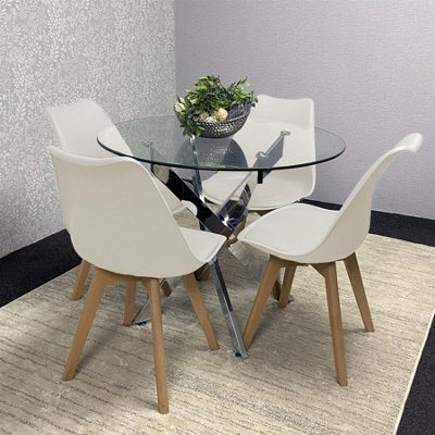 Modern Round Glass Dining Table Set With 4 Cream Plastic Chairs Dining ...