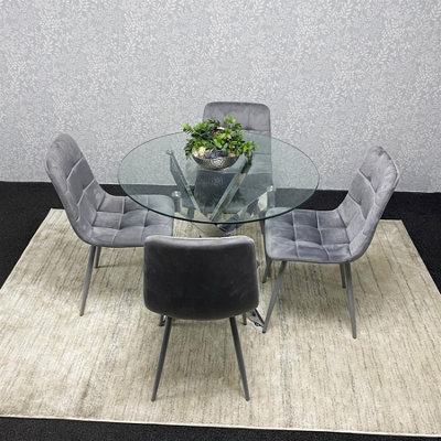 Modern Round Glass Dining Table Set With 4 Grey Velvet Chairs Dining ...