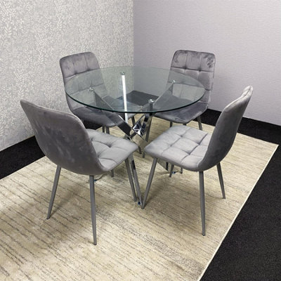 Modern Round Glass Dining Table Set With 4 Grey Velvet Chairs Dining ...