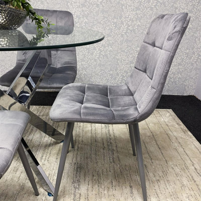 Modern Round Glass Dining Table Set With 4 Grey Velvet Chairs Dining ...