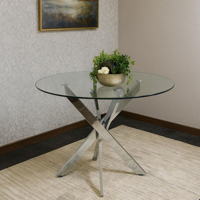 Modern Round Glass Dining Table Set With 4 Grey Velvet Chairs Dining ...