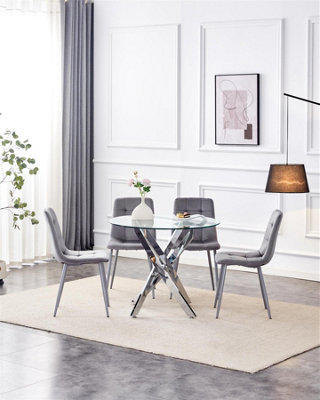 Modern Round Glass Dining Table Set With 4 Grey Velvet Chairs Dining ...