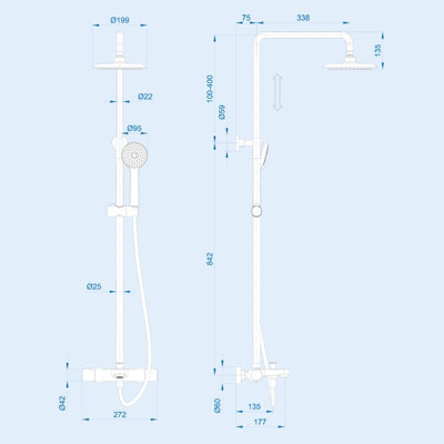 Modern Round Thermostatic Bath Shower Mixer with Riser Rail Kit Chrome - 6