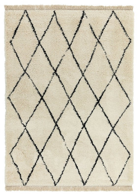 Modern Rug, Luxurious Bedroom Rug, DiningRoom Rug, Easy to Clean Moroccan Rug, 35mm Cream Shaggy Rug-120cm X 170cm