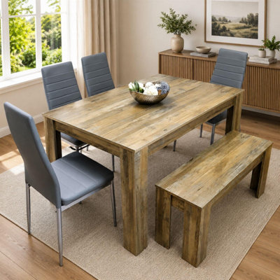 Modern Rustic Dining Table Set Wooden Table with 4 Grey Chairs and ...