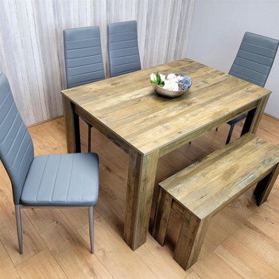 Modern Rustic Dining Table Set Wooden Table with 4 Grey Chairs and ...