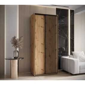 Modern Sapporo Sliding Door Wardrobewith Shelves and Hanging Rails - Oak Artisan (H)2050mm (W)1200mm (D)600mm