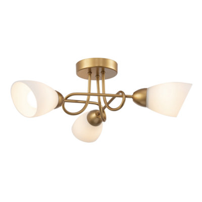 Modern Satin Gold Ceiling Light Fitting with Curling Arms and Opal Glass Shades