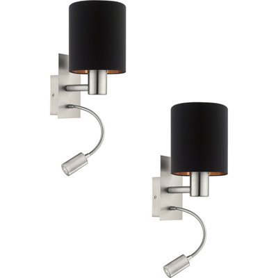 Modern Satin Nickel 2 Pack Wall Light with Black Copper Shade and LED Bulbs