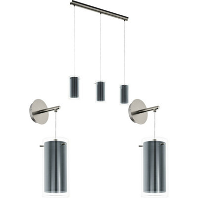 Modern Satin Nickel Ceiling Pendant Light with Matching Wall Sconces and Clear Glass Shades