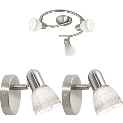 Modern Satin Nickel Ceiling Spot Light with Matching Wall Sconces - Opal Glass Design