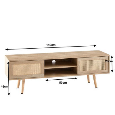 Modern Scandi Style TV Stand Cabinet Light Wood rattan panel sliding doors 140cm wide