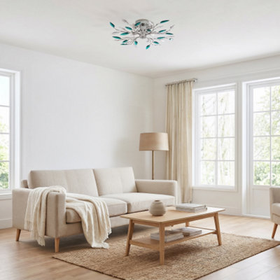 Modern Semi Flush Chrome Ceiling Light with Teal Acrylic Leaves