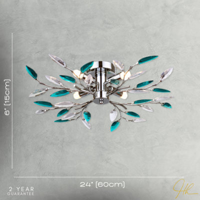 Modern Semi Flush Chrome Ceiling Light with Teal Acrylic Leaves