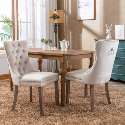 Modern Set of 2 Upholstered Velvet Dining Chairs, High-end Tufted Contemporary Kitchen Lounge Chairs with Brushed Wood Legs, Beige