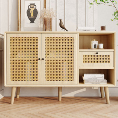 Modern Sideboard 120x40x80cm with Woven Wooden Doors and Drawers