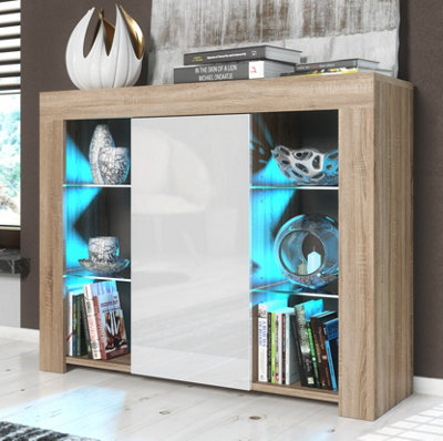 Modern Sideboard Display Cabinet Cupboard TV Stand Living Room High Gloss Doors - Oak & White