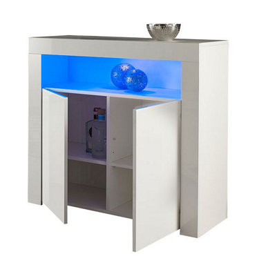 Modern Sideboard White Matt Gloss Buffet Plate Storage Cabinet with Blue LED Lights- Length 90cm x Depth 35cm x Height 83cm