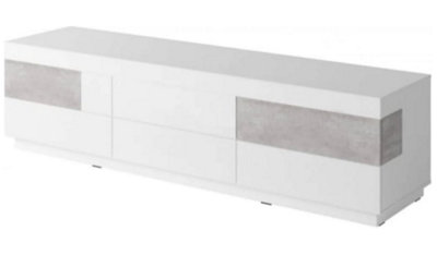 Modern Silke 40 TV Cabinet 206cm - White Gloss & Concrete Grey: Stylish Entertainment Unit for Urban Interiors