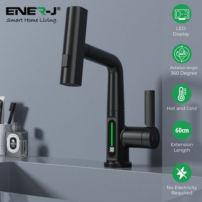 Modern Single Hole Basin Faucet with Waterfall, Pull Out Sprayer and LED Temperature Display, Black