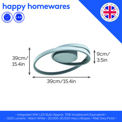 Modern Single Loop Strip Flush LED Powered Ceiling Light Fitting in Matt Grey
