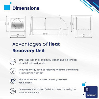 Modern Single Room Heat Recovery Kit 150mm with Wall Switch - 6