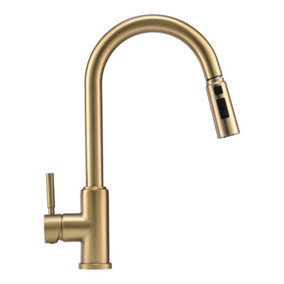 Modern Single Stainless Steel Handle Kitchen Tap with Pull-Out Hose, Gold
