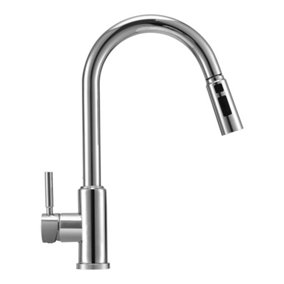 Modern Single Stainless Steel Handle Kitchen Tap with Pull-Out Hose, Silver