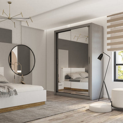 Modern Sliding Door Wardrobe with Mirror & Organiser Shelves in Grey (H2150mm x W1500mm x D600mm)