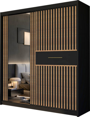 Modern Sliding Wardrobe with LED Light, Mirror & Oak Trim - 150cm/203cm