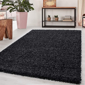 Modern Small Anthracite Fluffy Shaggy Area Rug For Living Room, Anti-Shed Thick Pile Floor Carpet - 80x150 cm