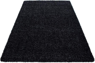 Modern Small Anthracite Fluffy Shaggy Area Rug For Living Room, Anti-Shed Thick Pile Floor Carpet - 80x150 cm