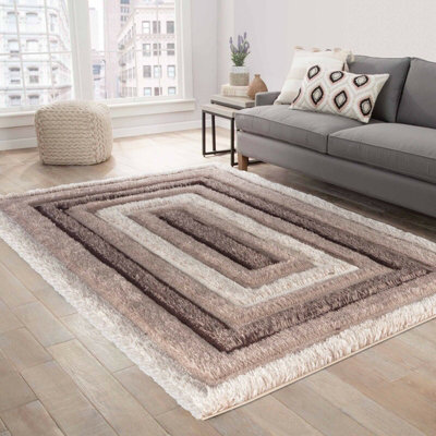 Modern Soft Bordered Shimmer Shaggy Area Rugs Bronze 120x170 cm