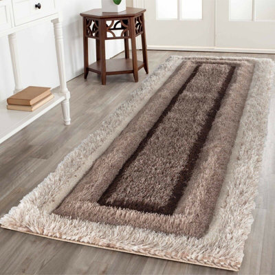 Modern Soft Bordered Shimmer Shaggy Area Rugs Bronze 60x220 cm