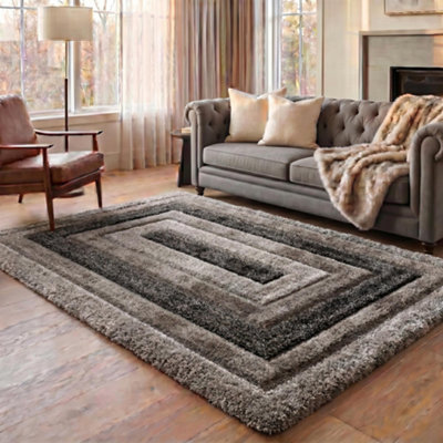 Modern Soft Bordered Shimmer Shaggy Area Rugs Grey 120x170 cm