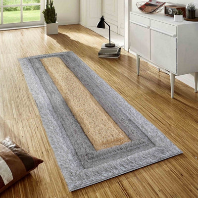 Modern Soft Bordered Shimmer Shaggy Area Rugs Ochre 60x220 cm