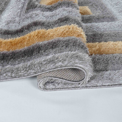 Modern Soft Bordered Shimmer Shaggy Area Rugs Ochre 60x220 cm