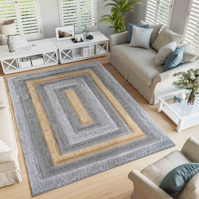 Modern Soft Bordered Shimmer Shaggy Area Rugs Ochre 60x220 cm