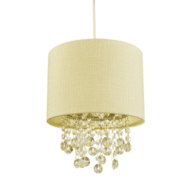 Modern Soft Cream Textured Linen Pendant Shade with Clear Acrylic Droplets