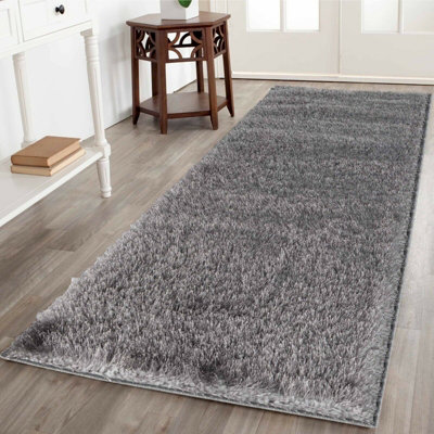 Modern Soft Plain Shimmer Shaggy Area Rugs Silver 80x150 cm