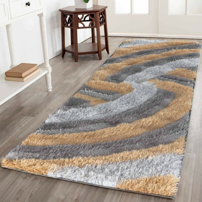 Modern Soft Swirl Shimmer Shaggy Area Rugs Ochre 60x220 cm