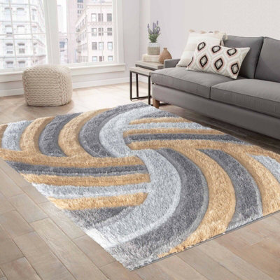 Modern Soft Swirl Shimmer Shaggy Area Rugs Ochre 80x150 cm