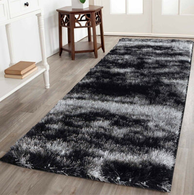 Modern Soft Two Tone Shimmer Shaggy Area Rugs Dark Grey 60x220 cm